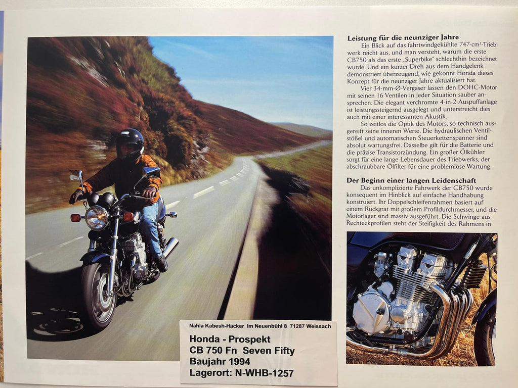 Prospekt Honda CB750F2 CB 750 F2 Seven Fifty Baujahr 1994 + Aufkleber