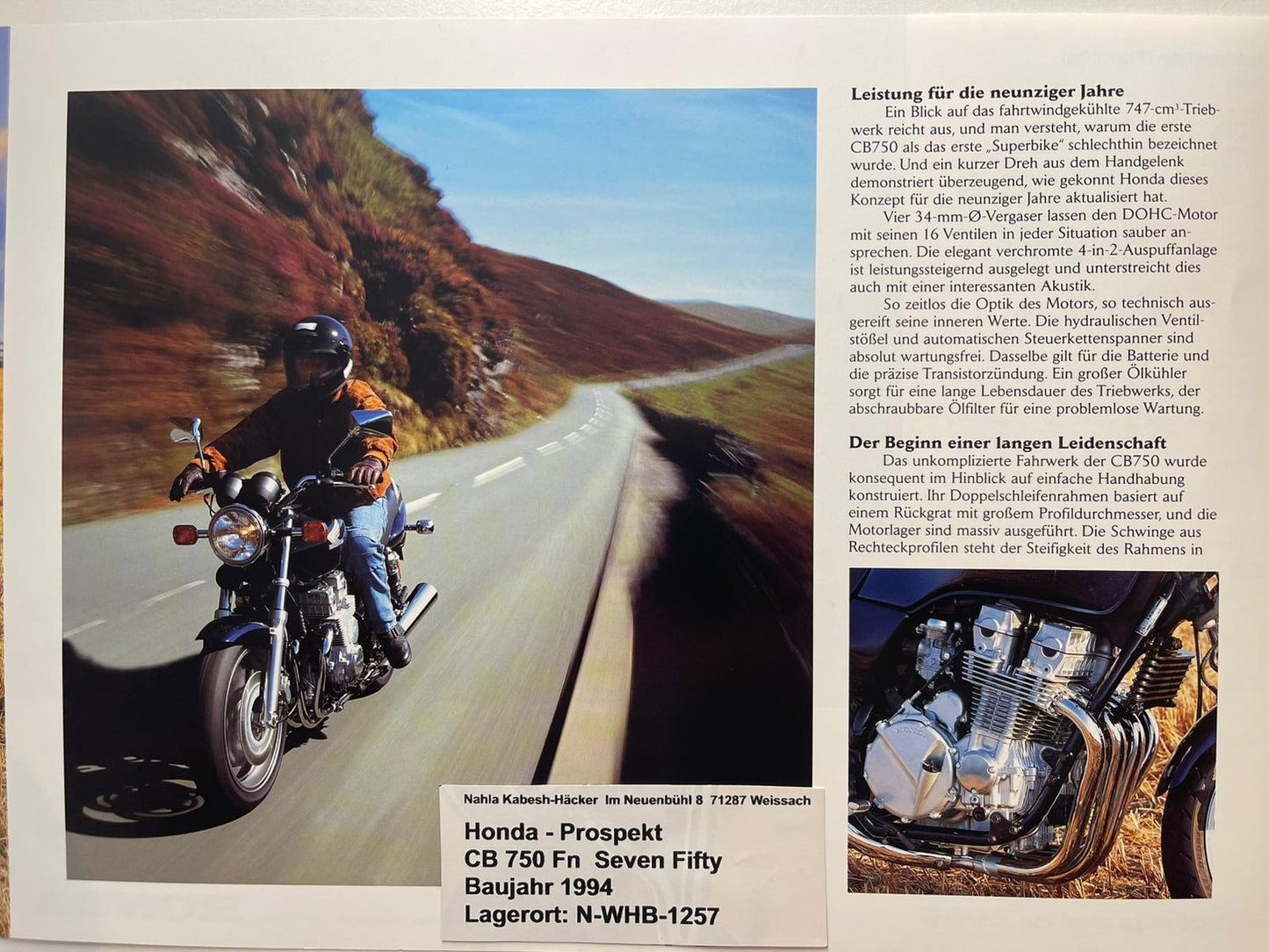 Prospekt Honda CB750F2 CB 750 F2 Seven Fifty Baujahr 1994 + Aufkleber
