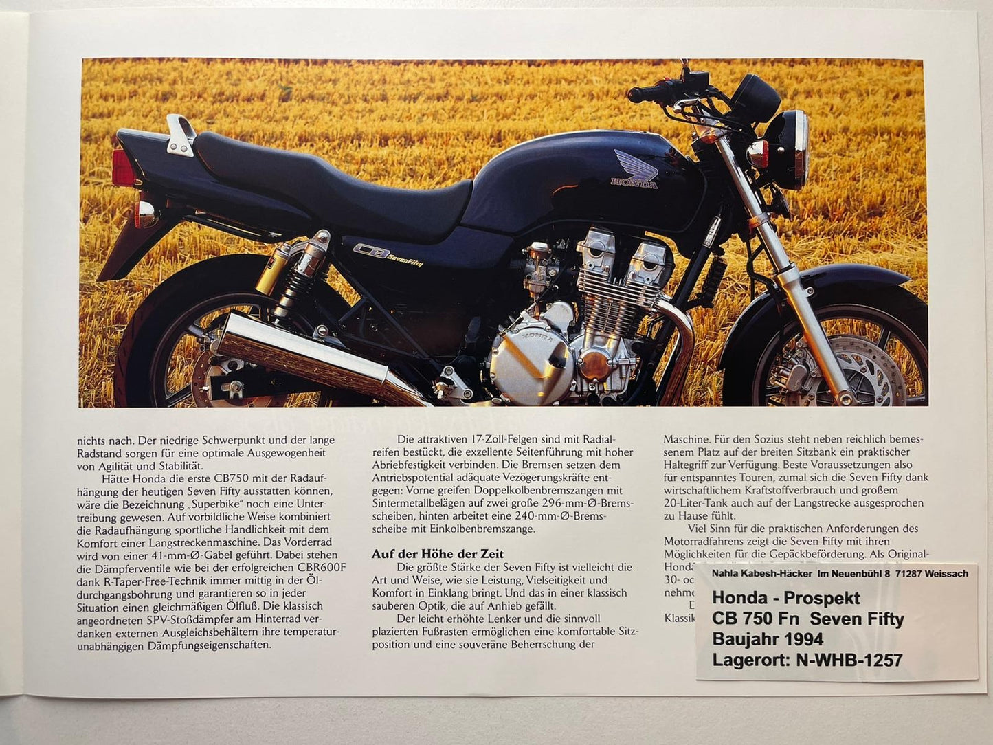 Prospekt Honda CB750F2 CB 750 F2 Seven Fifty Baujahr 1994 + Aufkleber