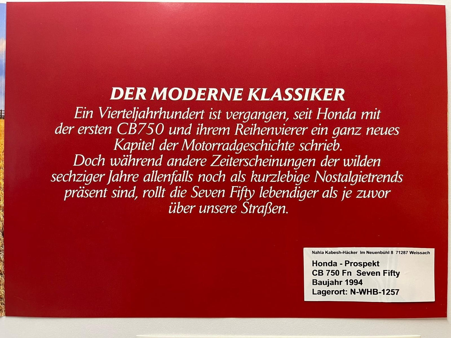 Prospekt Honda CB750F2 CB 750 F2 Seven Fifty Baujahr 1994 + Aufkleber