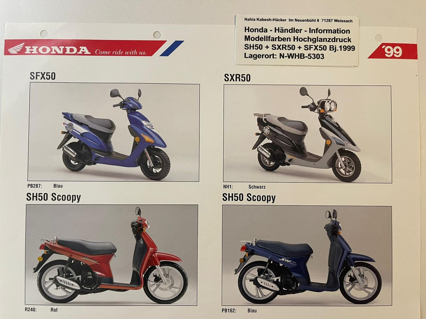 SH50 Scoopy SFX50 SXR50 Bj. 1999 - Honda Original Farbchart Prospekt