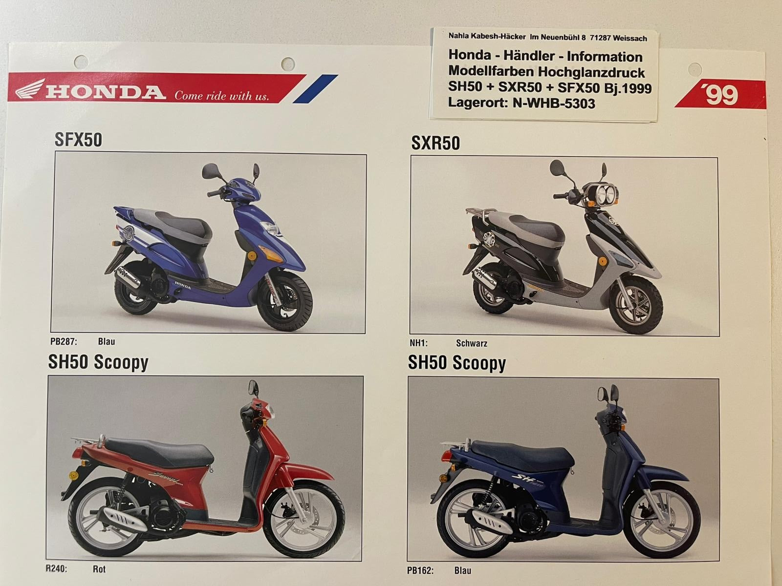 SH50 Scoopy SFX50 SXR50 Bj. 1999 - Honda Original Farbchart Prospekt