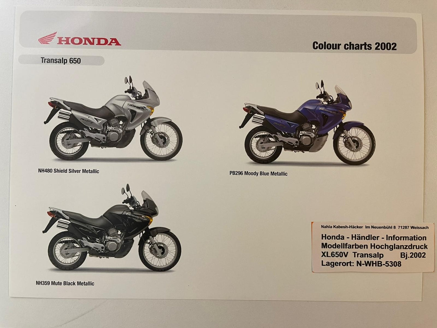 XL650V XL 650 V Transalp Bj. 2002 - Honda Original Farbchart Prospekt