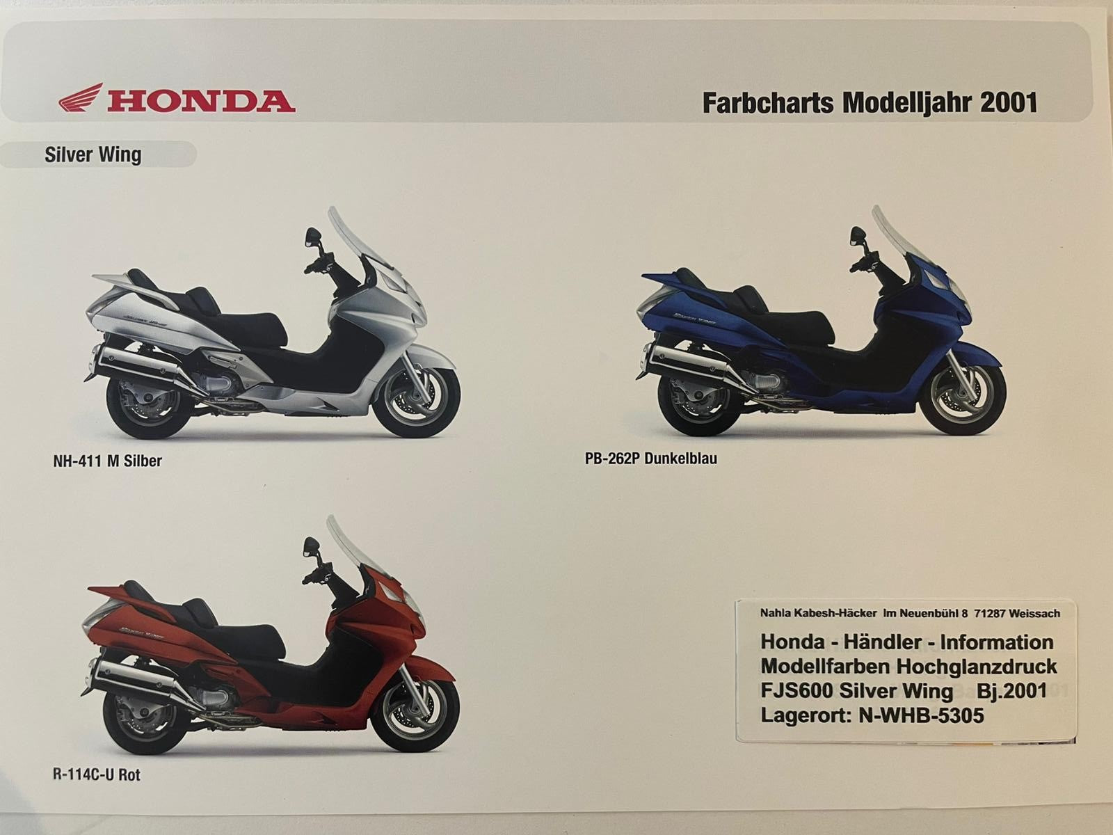 FJS 600 FJS600 Silver Wing Bj. 2001 - Honda Original Farbchart Prospekt