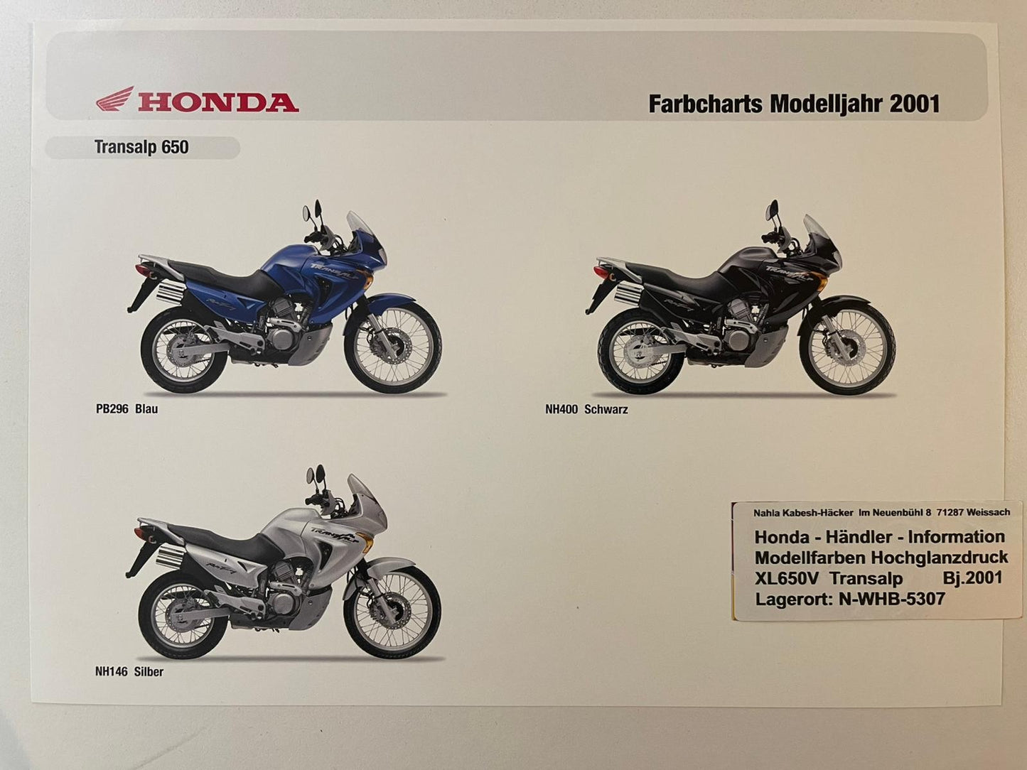 XL650V XL 650 V Transalp Bj. 2001 - Honda Original Farbchart Prospekt