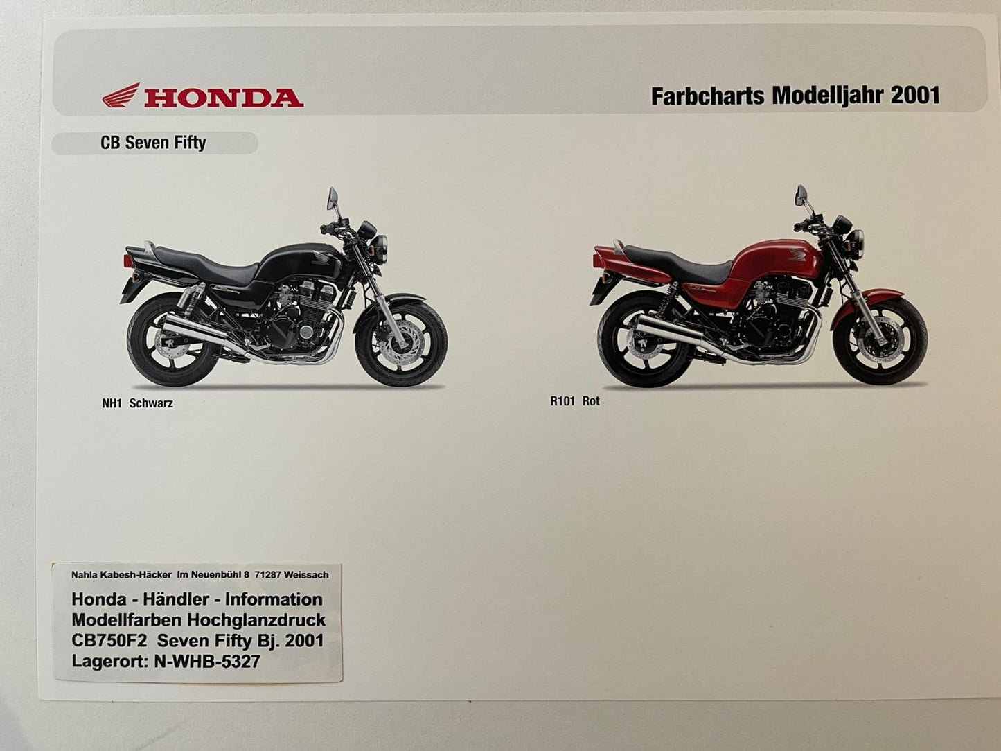 CB750F2 CB 750 F2 Seven Fifty Bj. 2001 - Honda Original Farbchart Prospekt