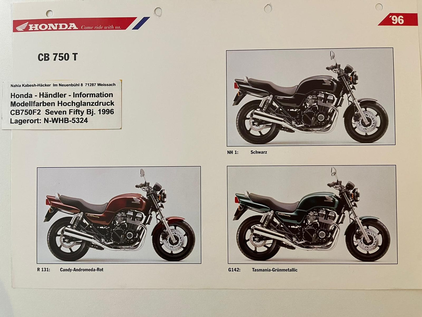 CB750F2 CB 750 F2 Seven Fifty Bj. 1996 - Honda Original Farbchart Prospekt
