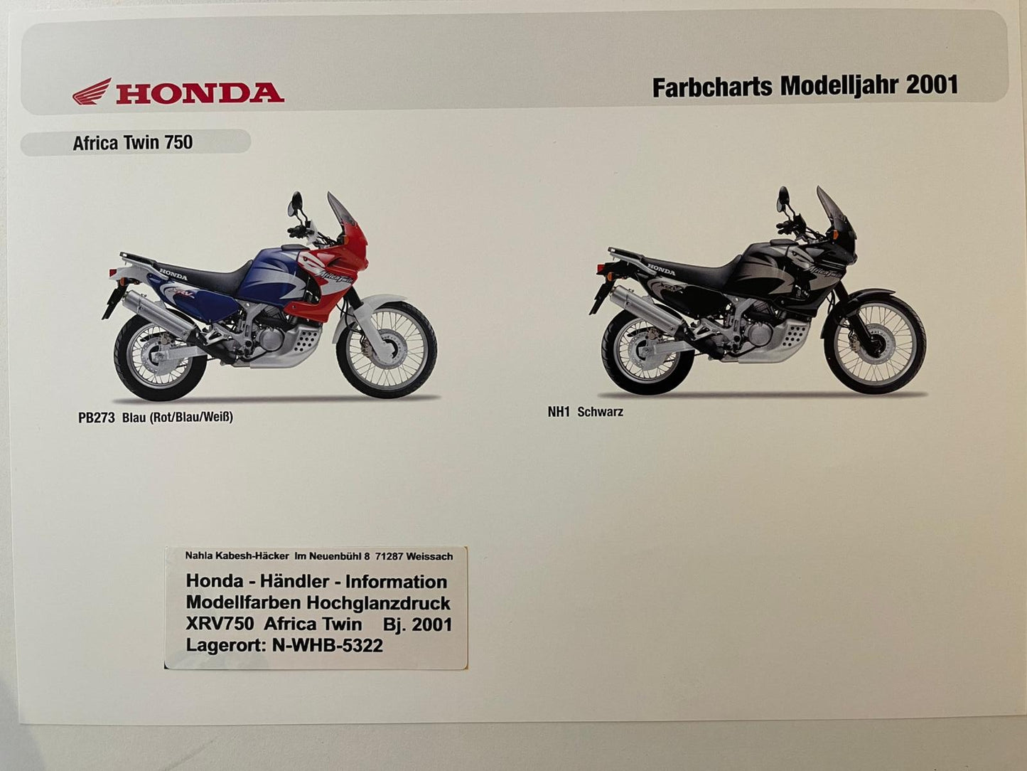 XRV750 XRV 750 Africa Twin Bj. 2001 - Honda Original Farbchart Prospekt