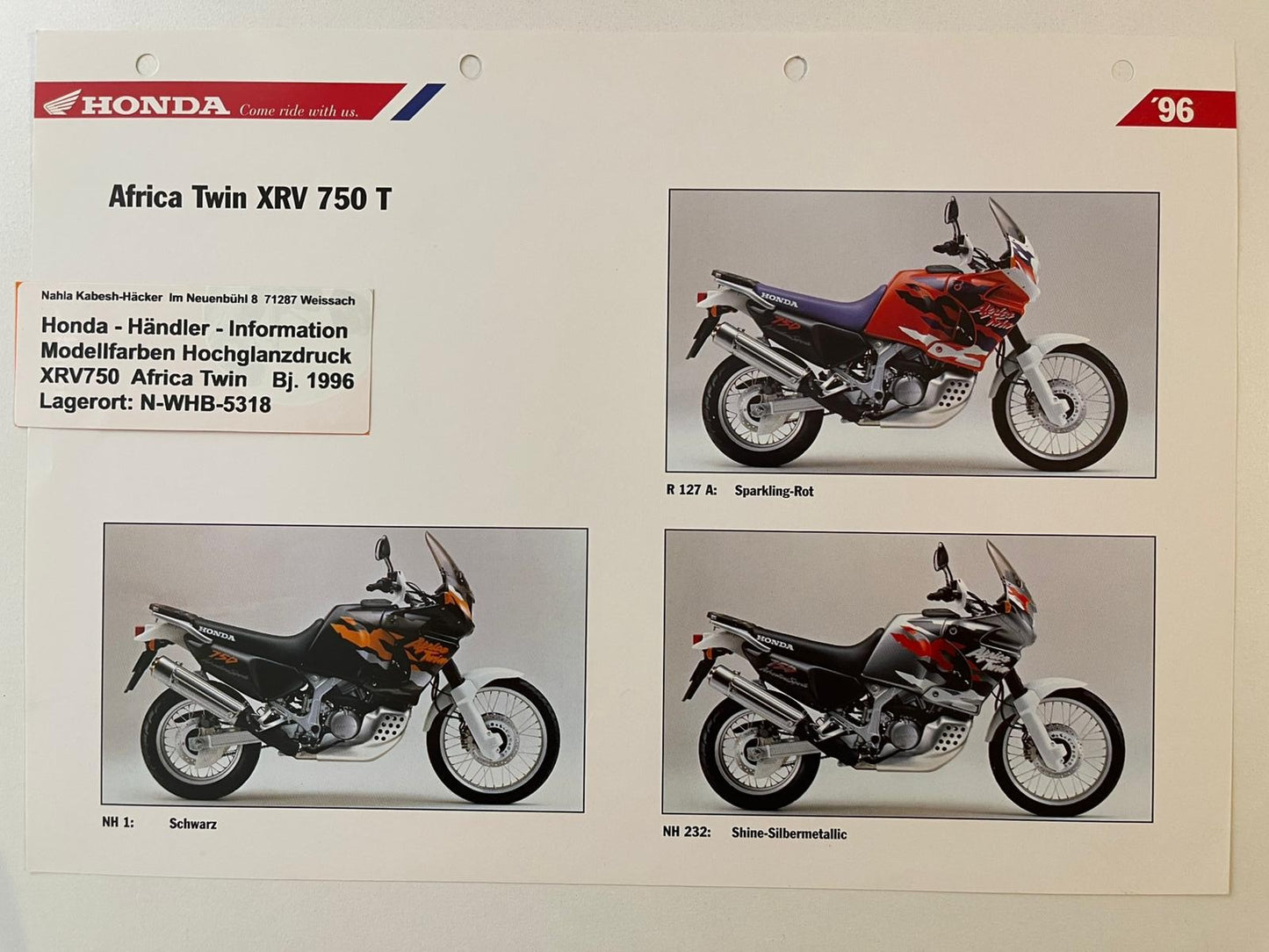XRV750 XRV 750 Africa Twin Bj. 1996 - Honda Original Farbchart Prospekt