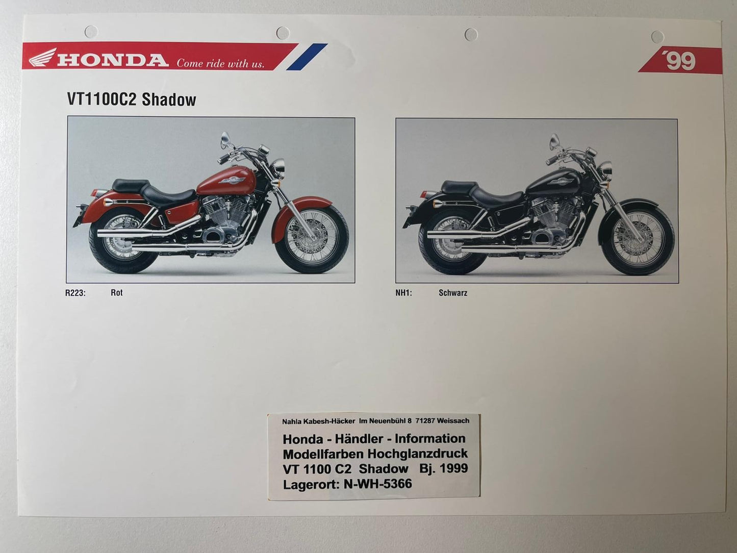 VT1100C2 VT 1100 C2 Shadow Bj. 1999 - Honda Original Farbchart Prospekt