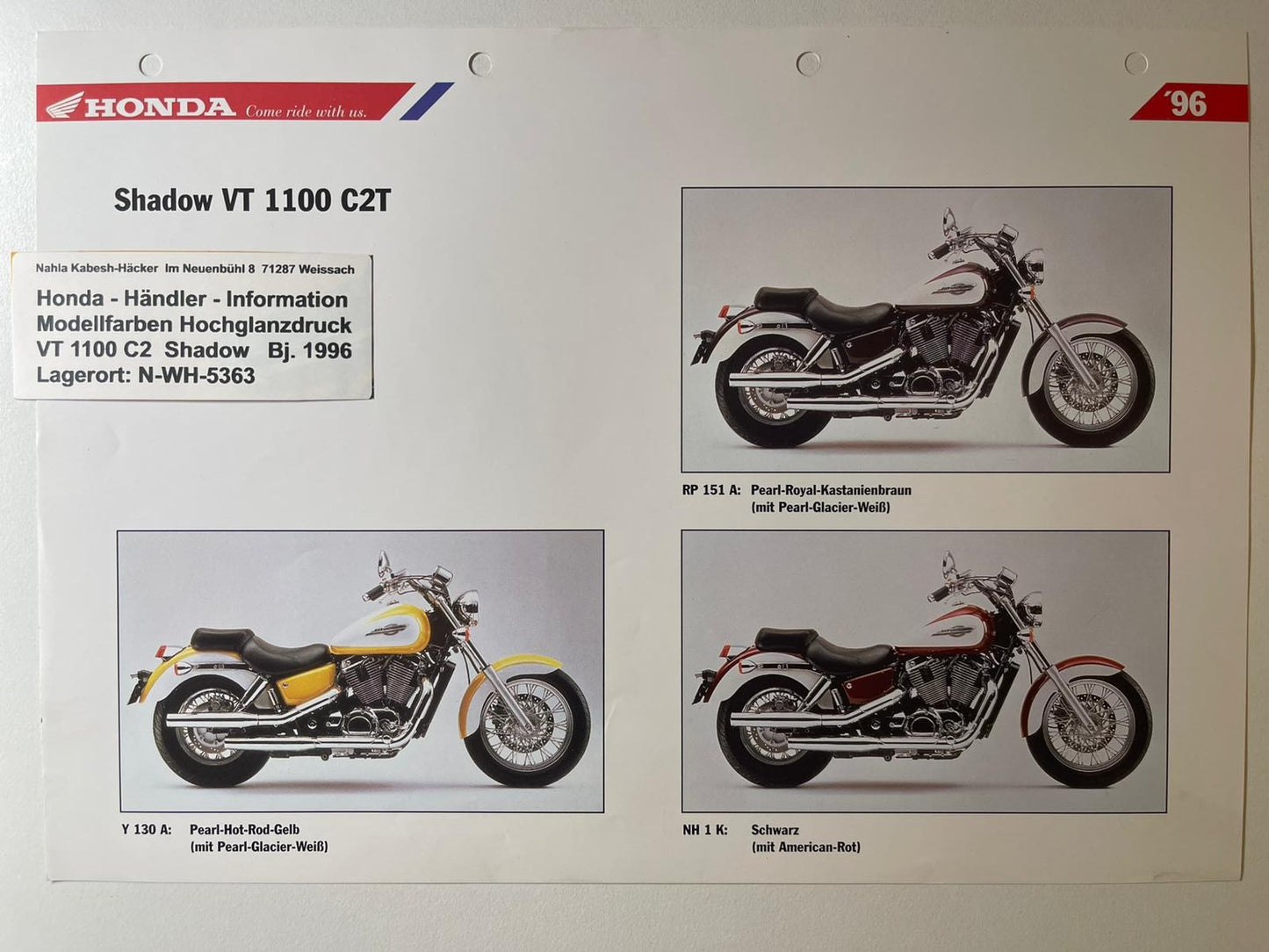 VT1100C2 VT 1100 C2 Shadow Bj. 1996 - Honda Original Farbchart Prospekt