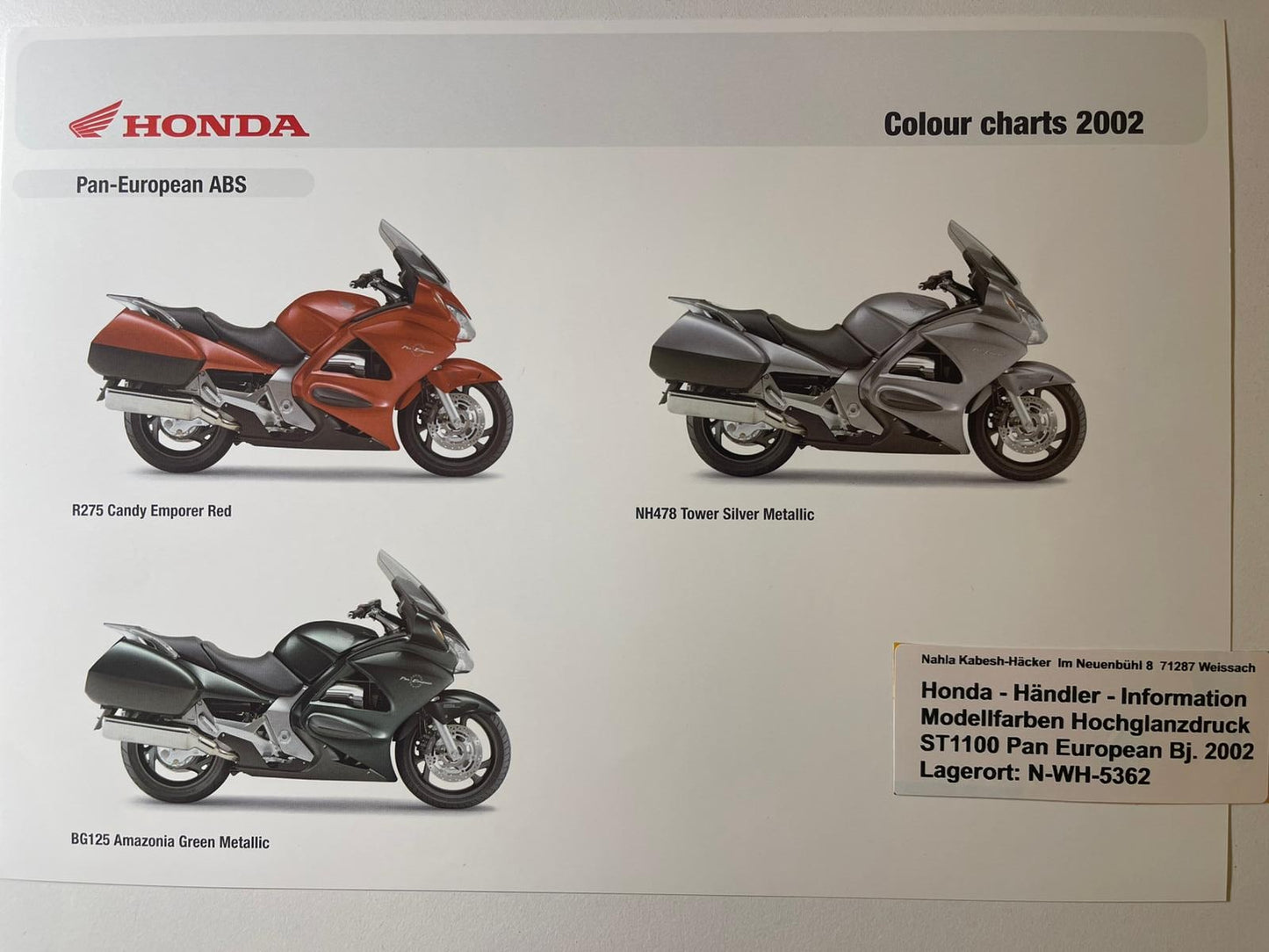ST1100 ABS ST 1100 Pan European Bj. 2002 - Honda Original Farbchart Prospekt