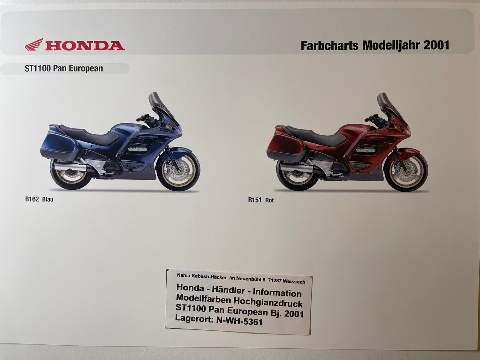 ST1100 ST 1100 Pan European Bj. 2001 - Honda Original Farbchart Prospekt
