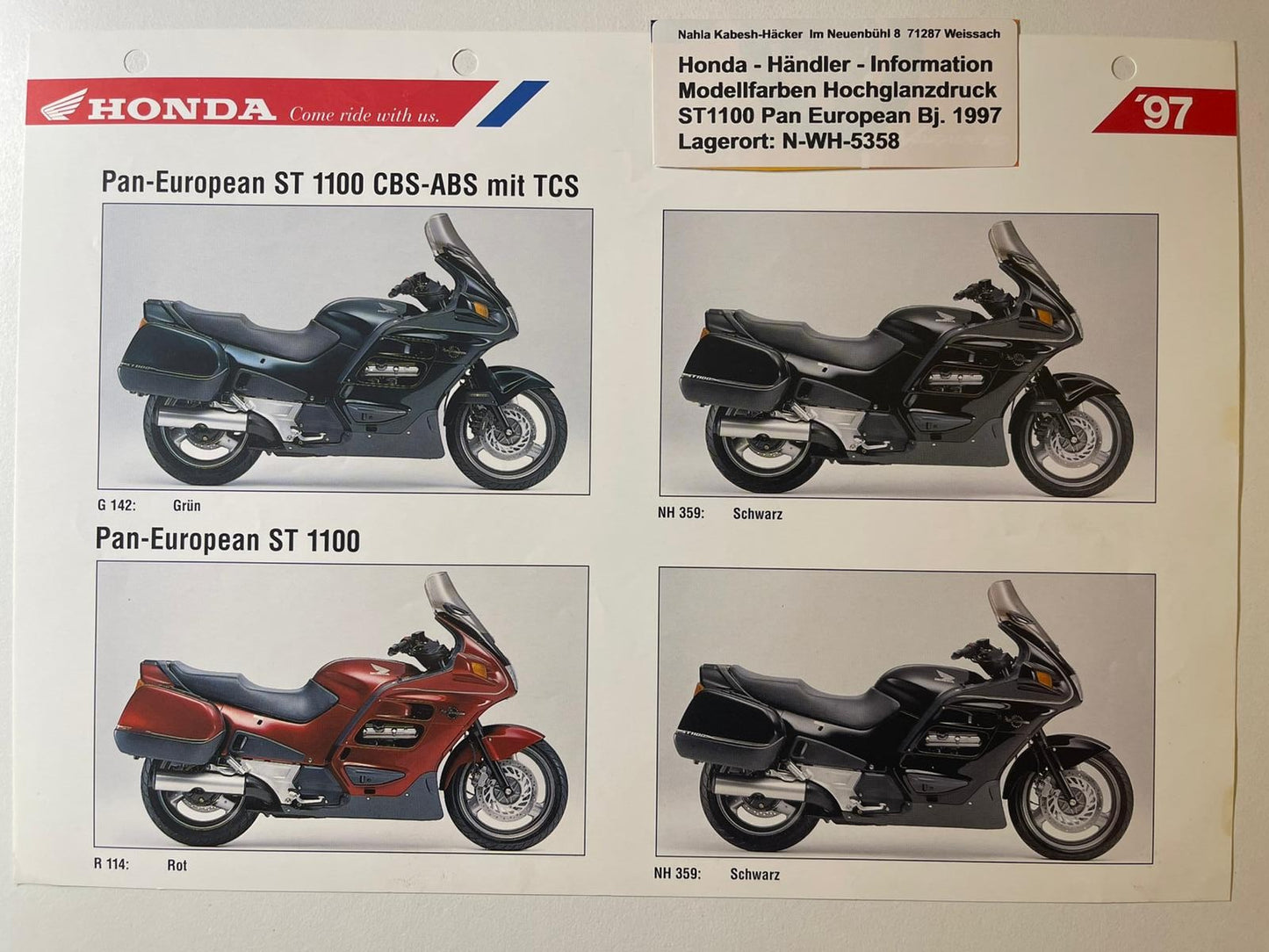 ST1100 ST 1100 Pan European Bj. 1997 - Honda Original Farbchart Prospekt
