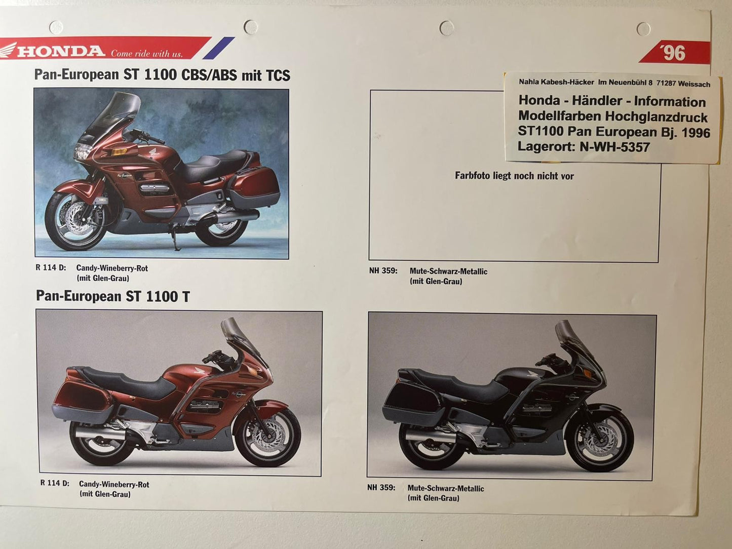 ST1100 ST 1100 Pan European Bj. 1996 - Honda Original Farbchart Prospekt