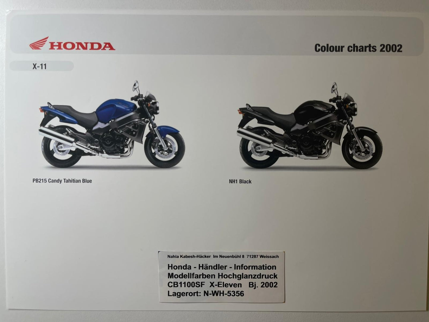 CB1100SF CB 1100 SF X-Eleven X-11 Bj. 2002 - Honda Original Farbchart Prospekt