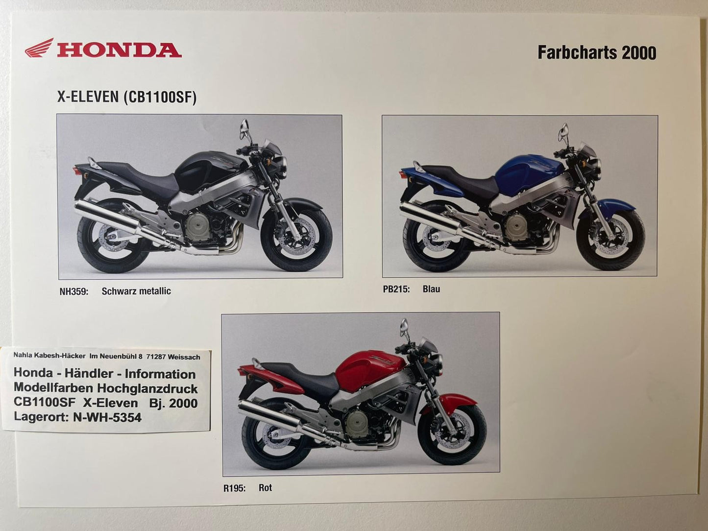 CB1100SF CB 1100 SF X-Eleven X-11 Bj. 2000 - Honda Original Farbchart Prospekt