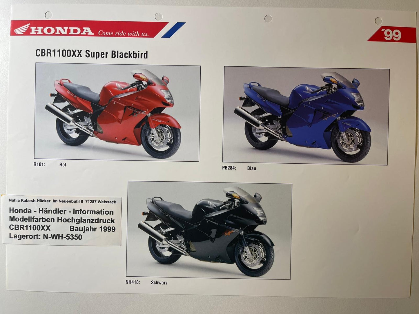 CBR1100XX CBR 1100 XX Super Blackbird Bj. 1999 - Honda Original Farbchart Prospekt