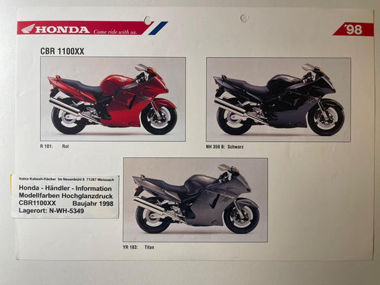 CBR1100XX CBR 1100 XX Super Blackbird Bj. 1998 - Honda Original Farbchart Prospekt für Sammler