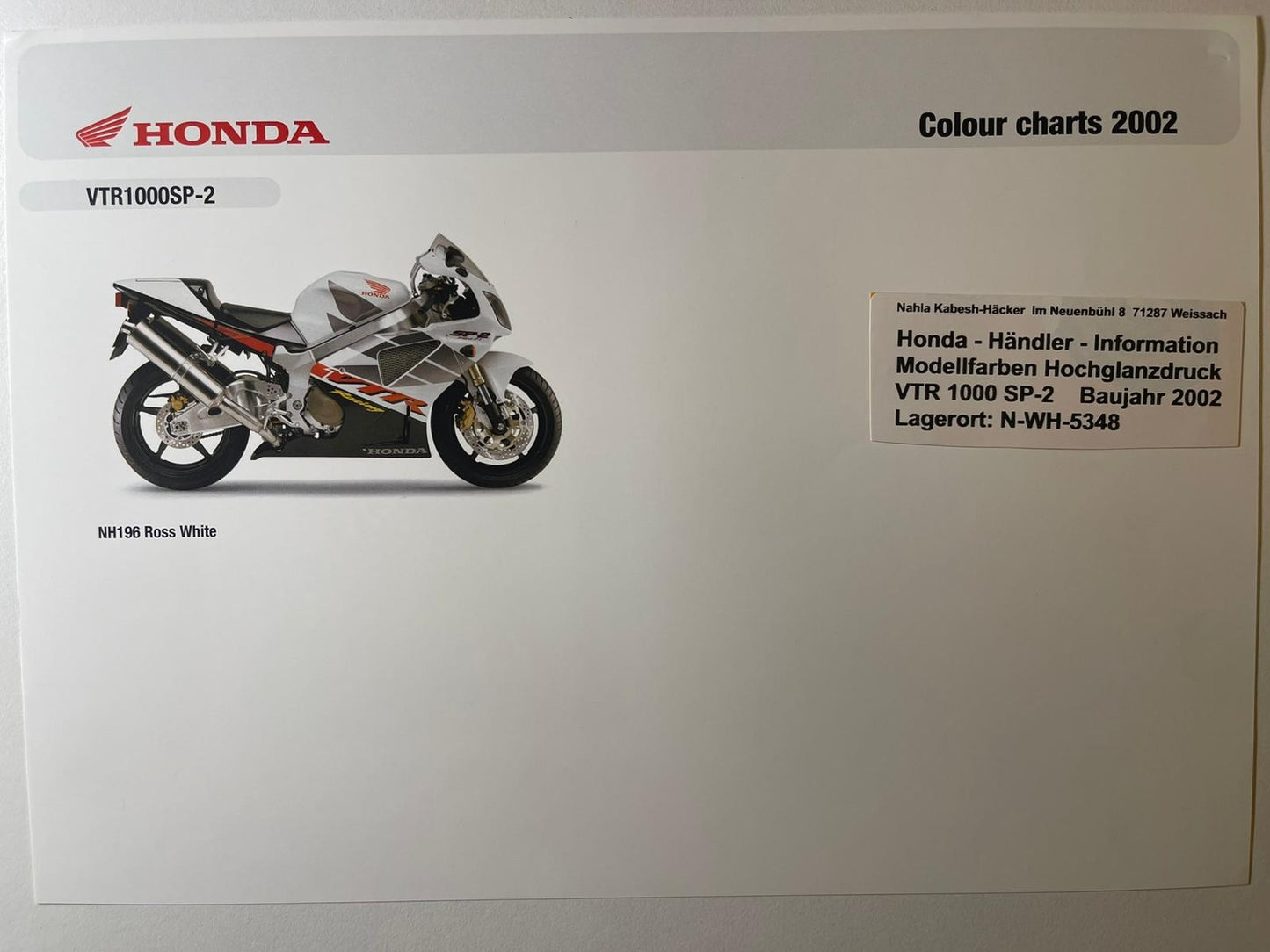 VTR1000SP2 VTR 1000 SP-2 SP2 Bj. 2002 - Honda Original Farbchart Prospekt für Sammler
