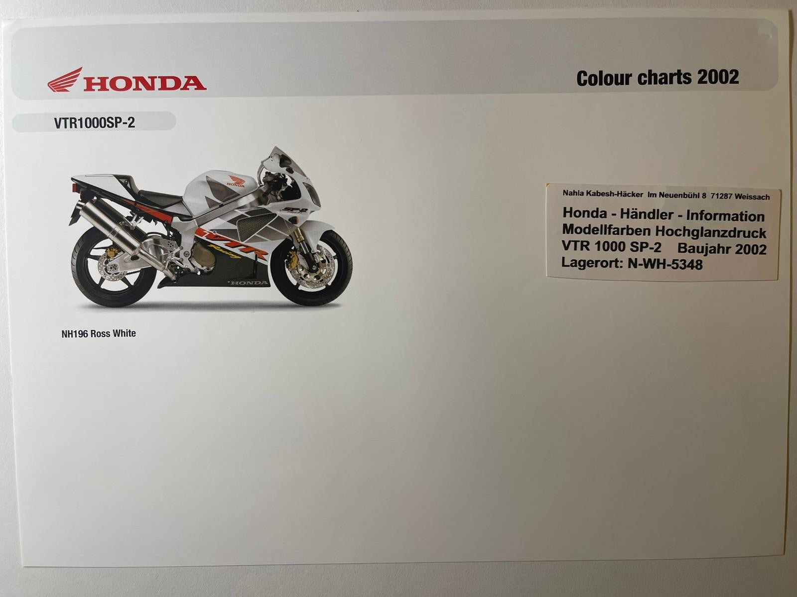 VTR1000SP2 VTR 1000 SP-2 SP2 Bj. 2002 - Honda Original Farbchart Prospekt für Sammler