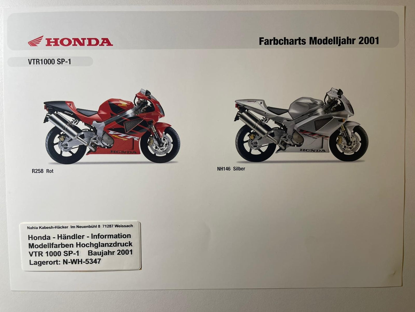 VTR1000SP1 VTR 1000 SP-1 SP1 Bj. 2001 - Honda Original Farbchart Prospekt