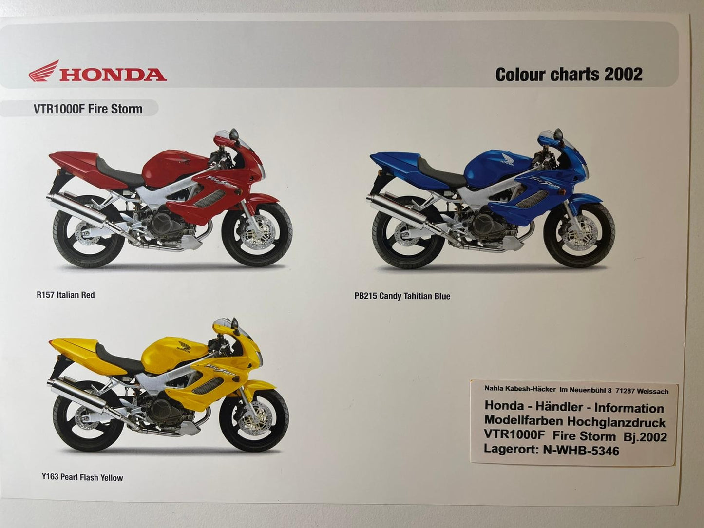 VTR1000F VTR 1000 F Fire Storm Bj. 2002 - Honda Original Farbchart Prospekt