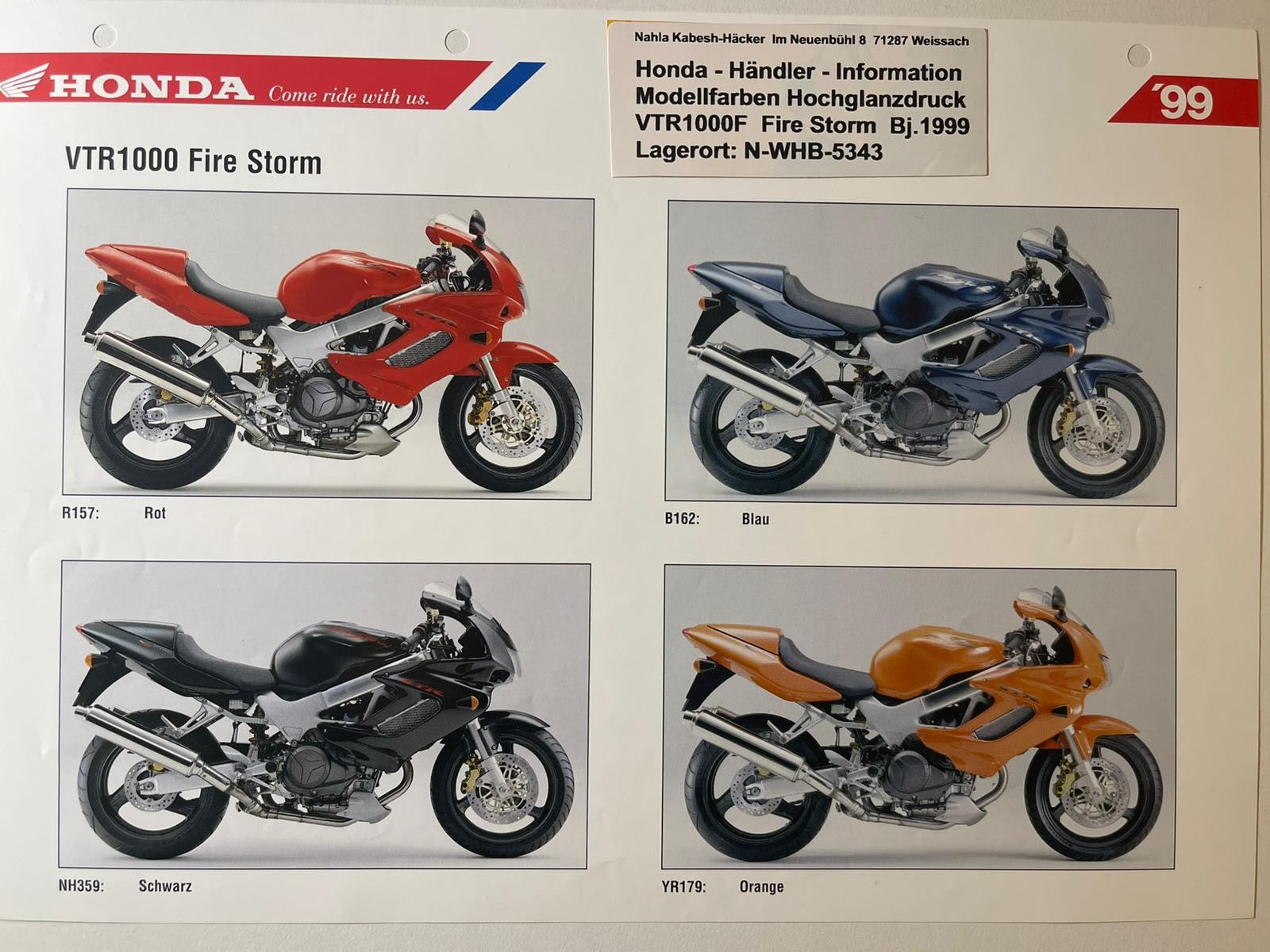 VTR1000F VTR 1000 F Fire Storm Bj. 1999 - Honda Original Farbchart Prospekt für Sammler