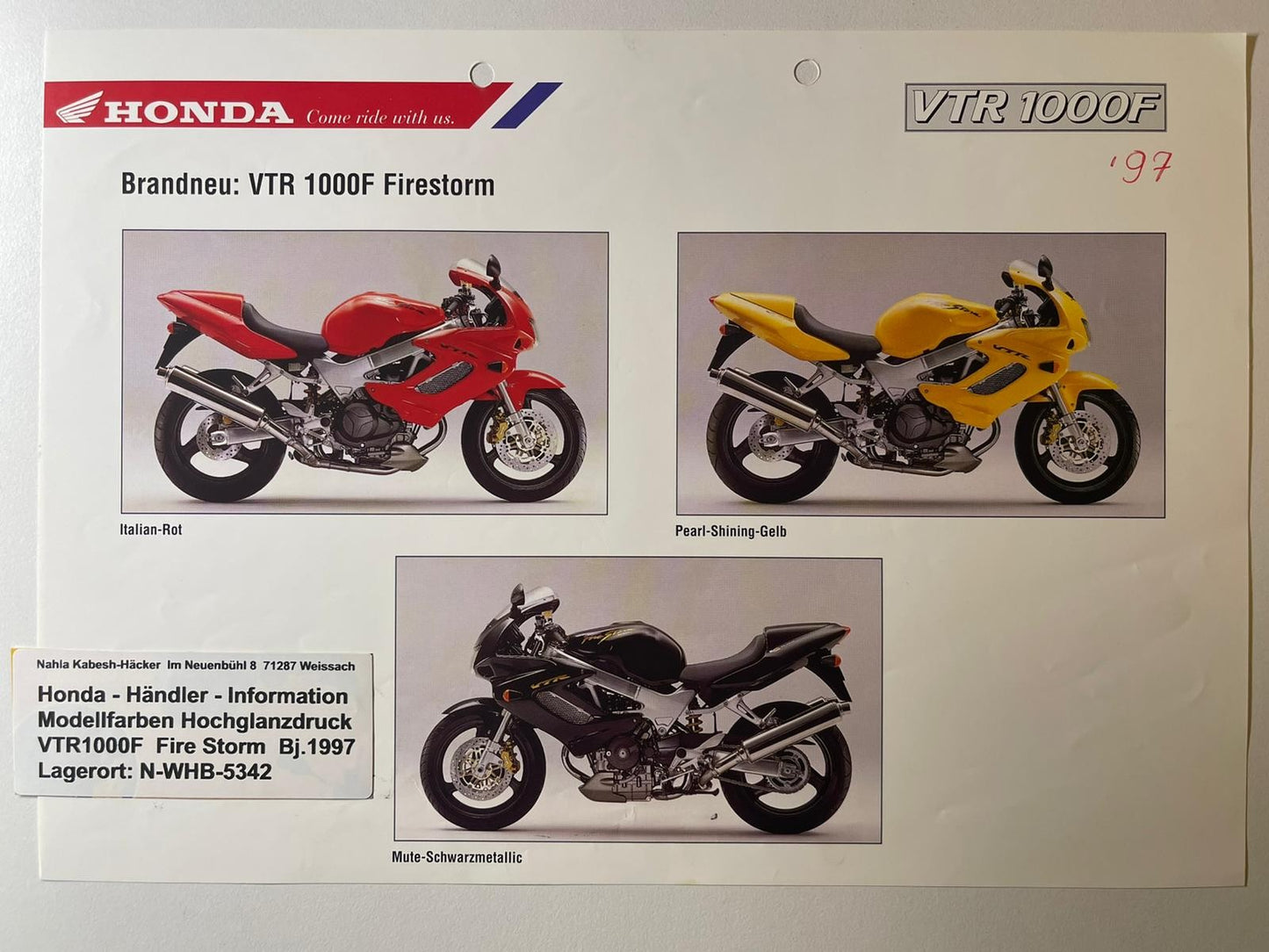 VTR1000F VTR 1000 F Fire Storm Bj. 1997 - Honda Original Farbchart Prospekt