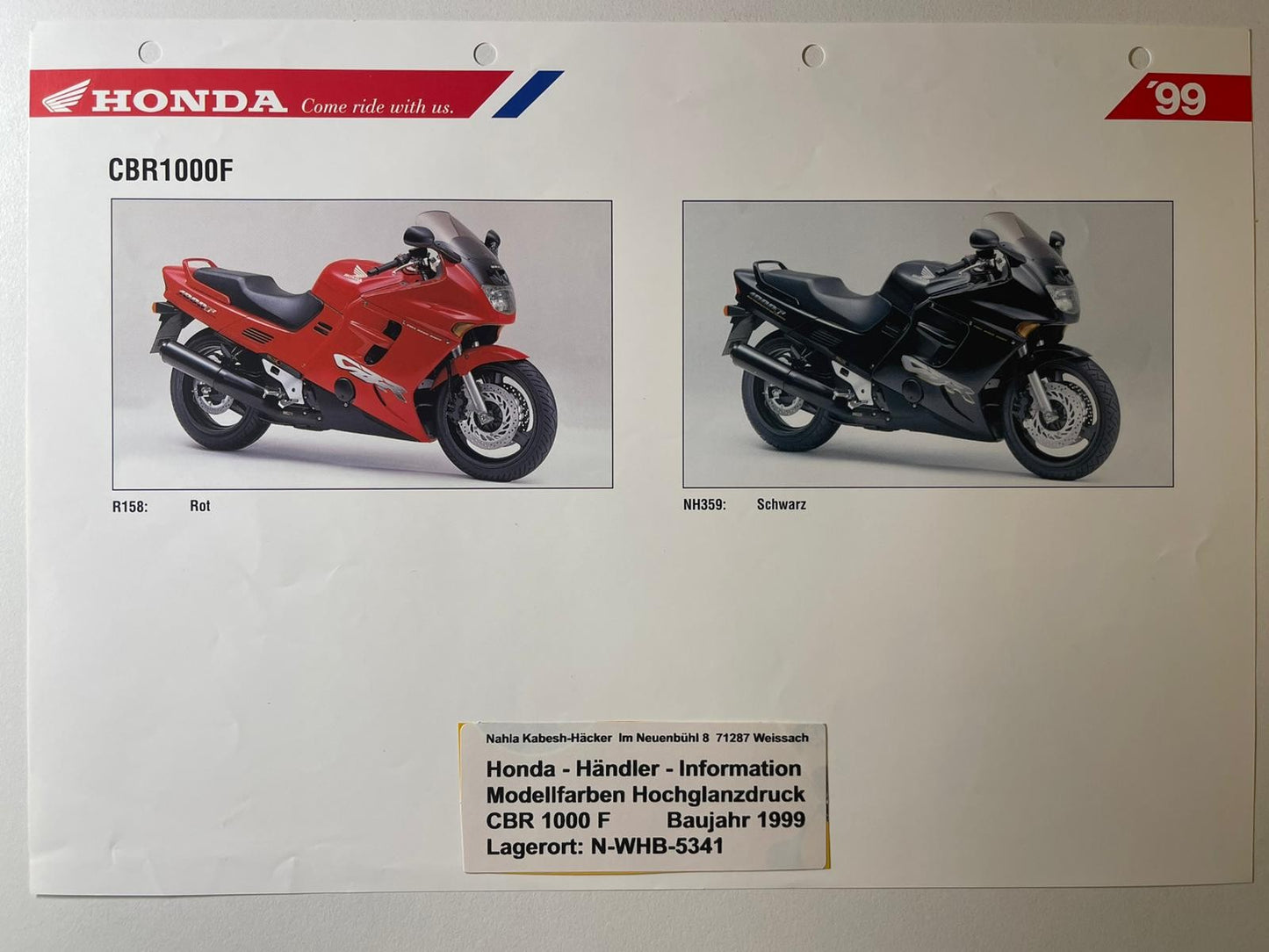 CBR1000F CBR 10000 F Bj. 1999 - Honda Original Farbchart Prospekt