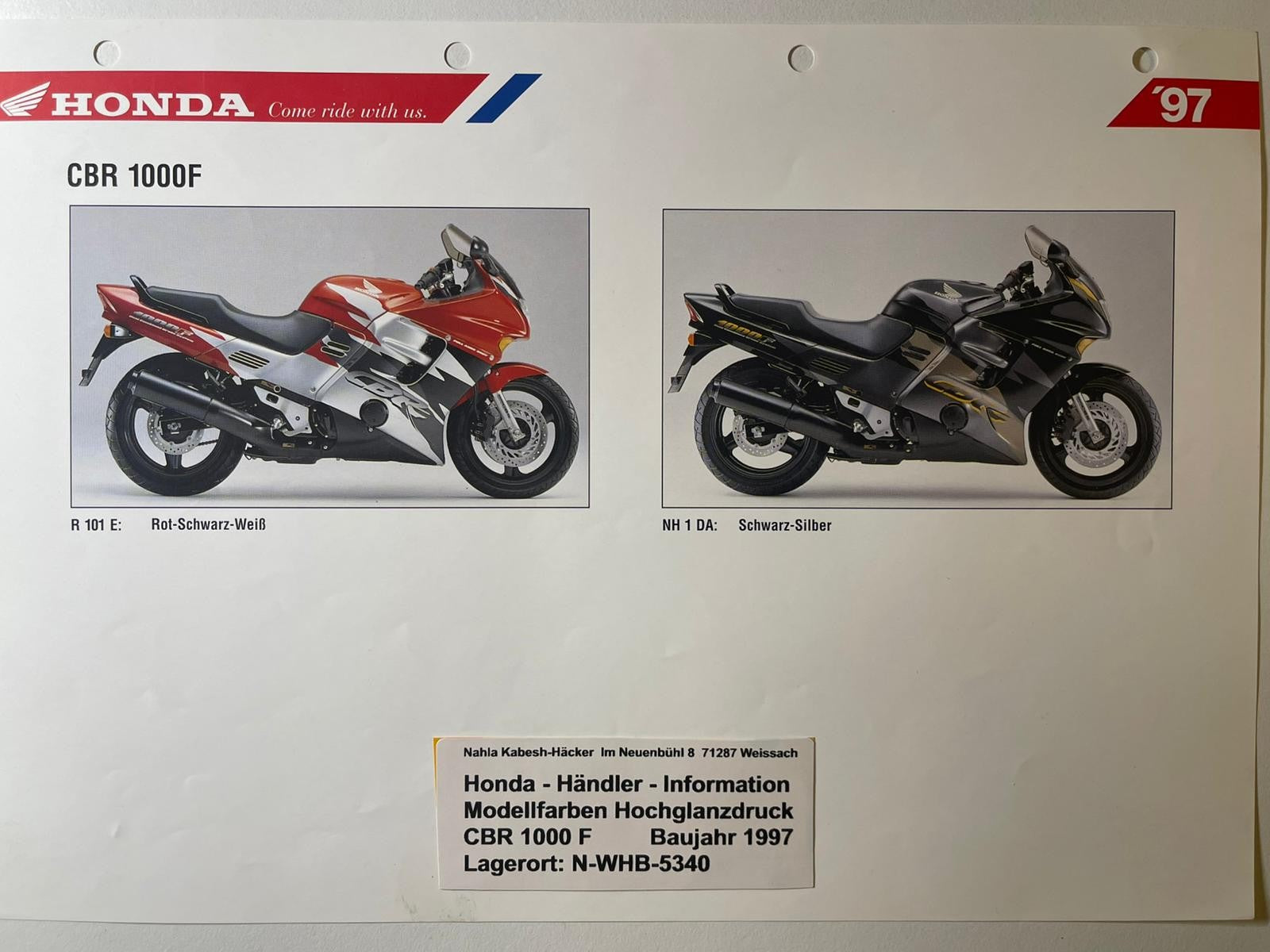 CBR1000F CBR 10000 F Bj. 1997  - Honda Original Farbchart Prospekt