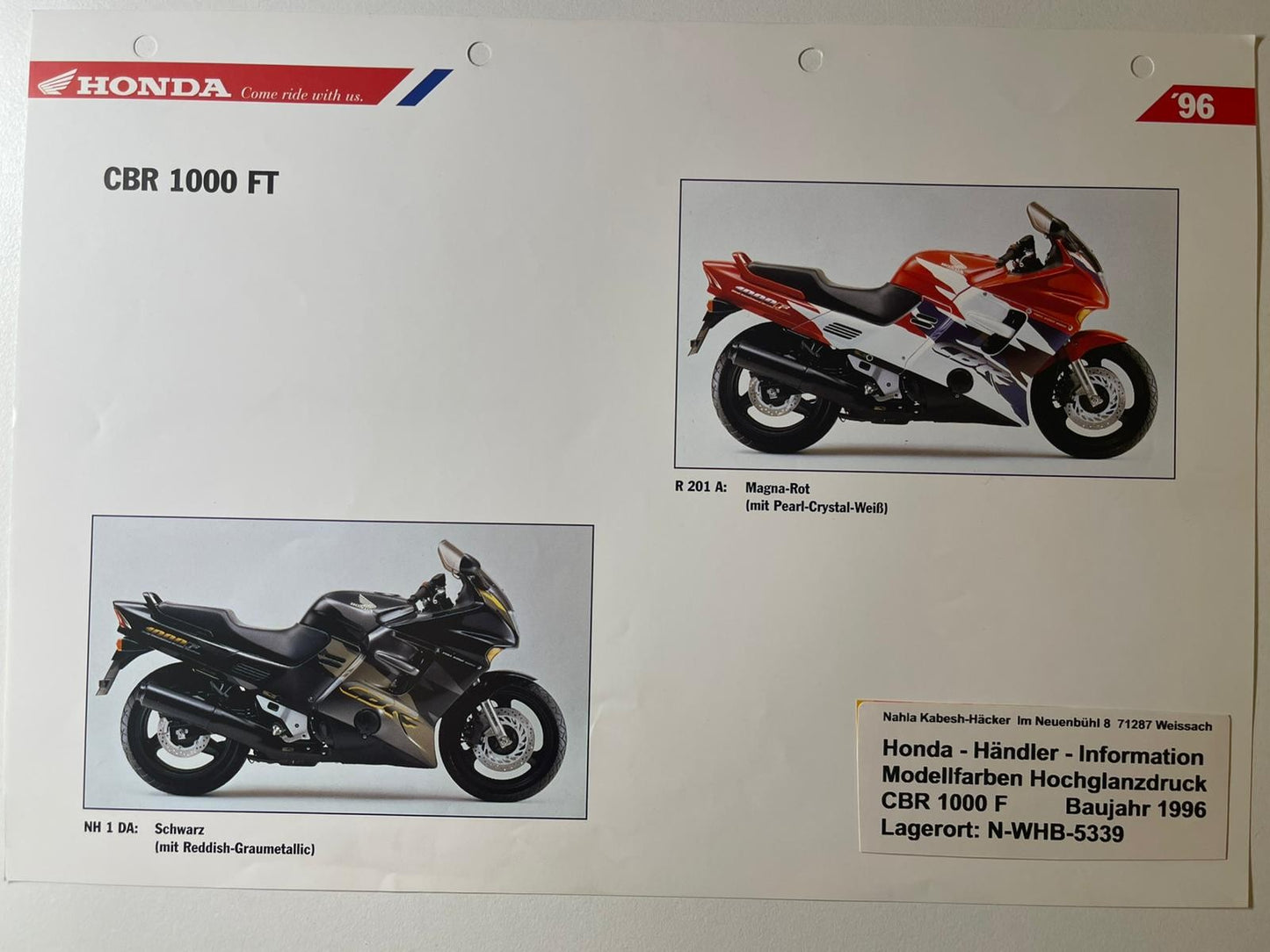 CBR1000F CBR 10000 F Bj. 1996 - Honda Original Farbchart Prospekt