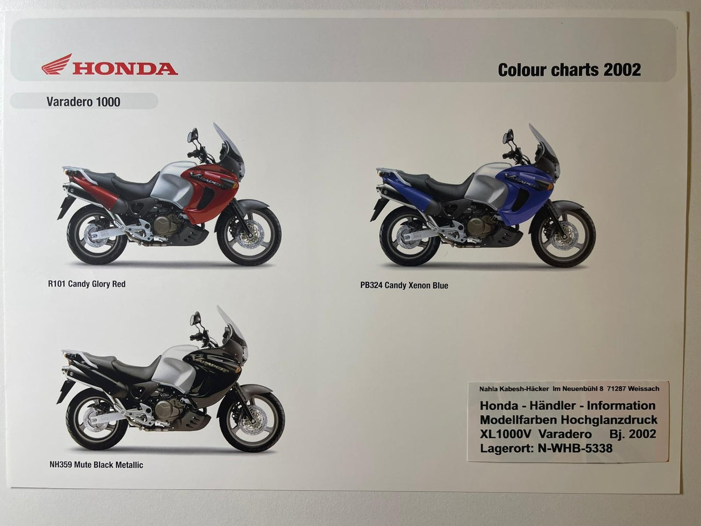 XL1000V XL 1000 V Varadero Bj. 2002 - Honda Original Farbchart Prospektr