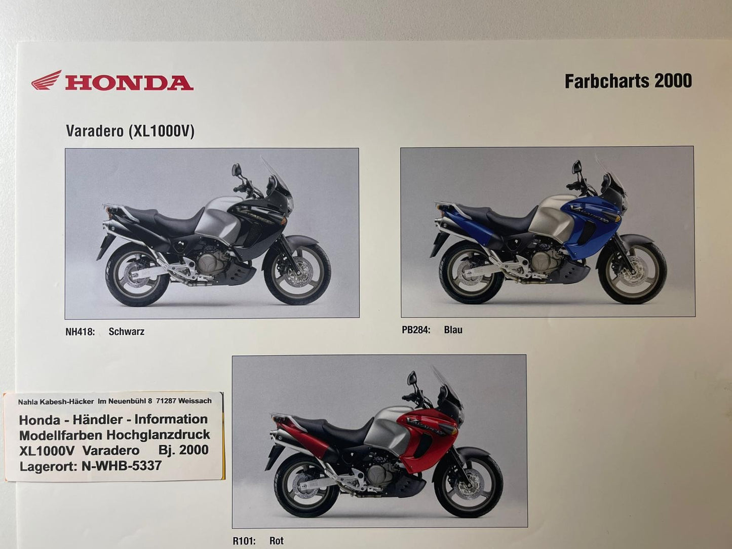 XL1000V XL 1000 V Varadero Bj. 2000 - Honda Original Farbchart Prospekt
