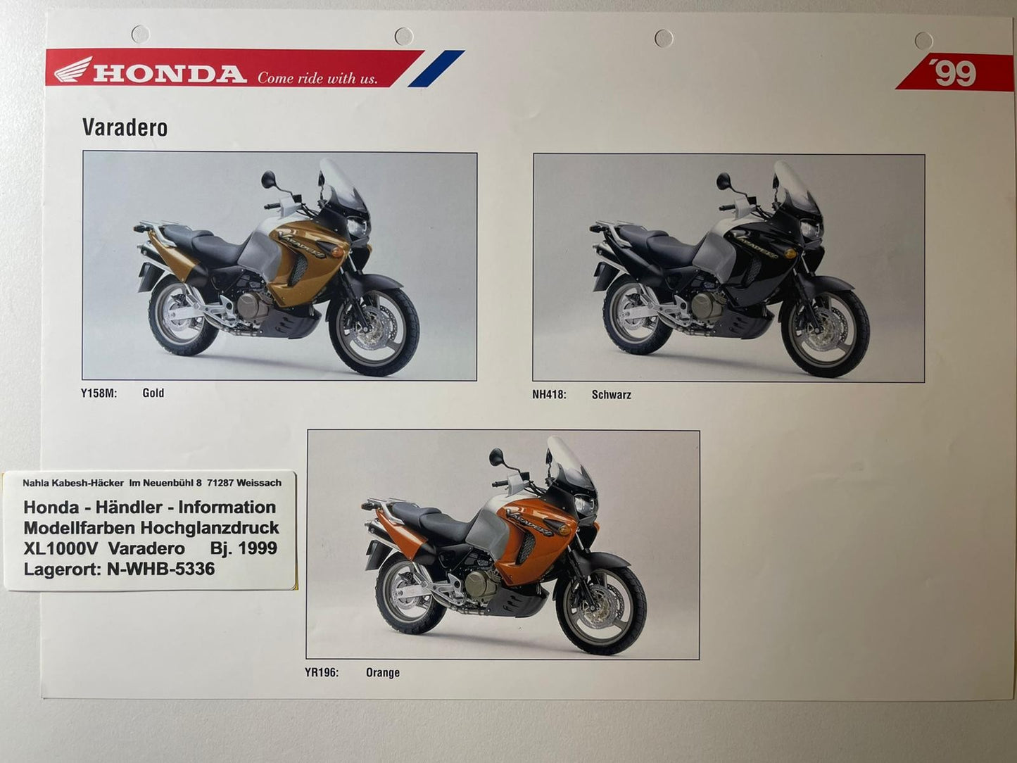 XL1000V XL 1000 V Varadero Bj. 1999 - Honda Original Farbchart Prospekt