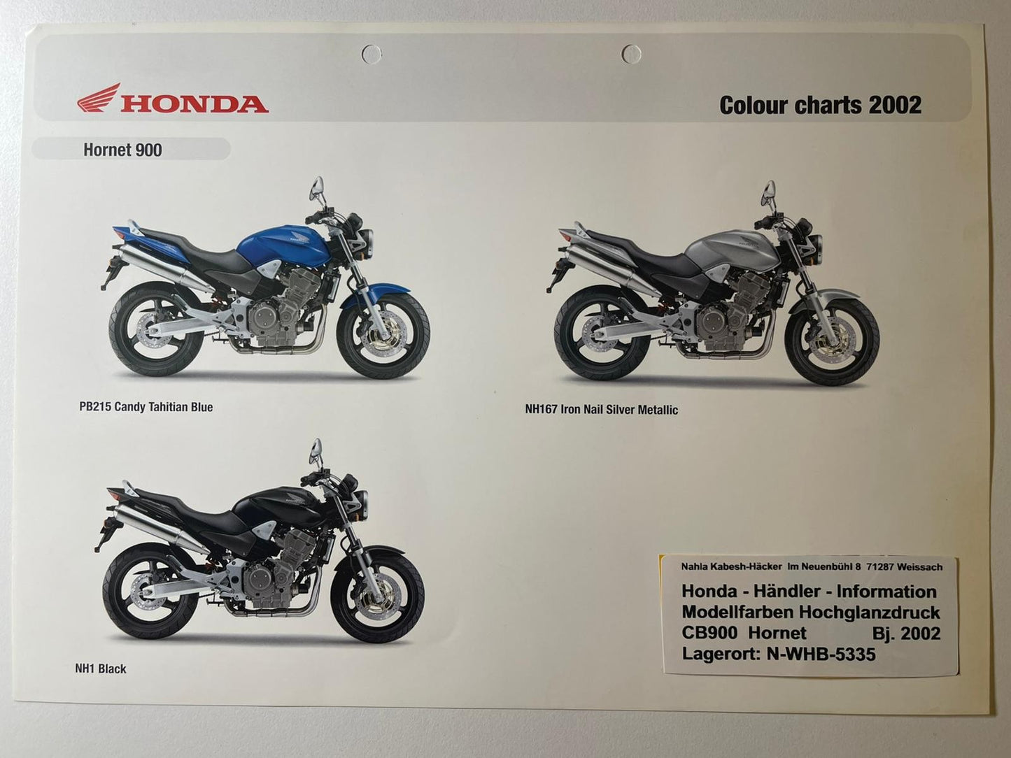CB900F CB 900 F Hornet Bj. 2002 - Honda Original Farbchart Prospekt