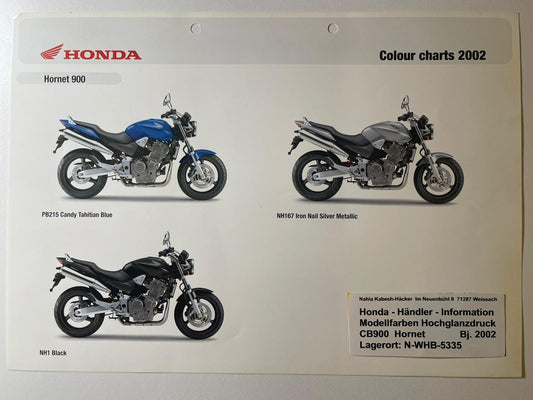 CB900F CB 900 F Hornet Bj. 2002 - Honda Original Farbchart Prospekt