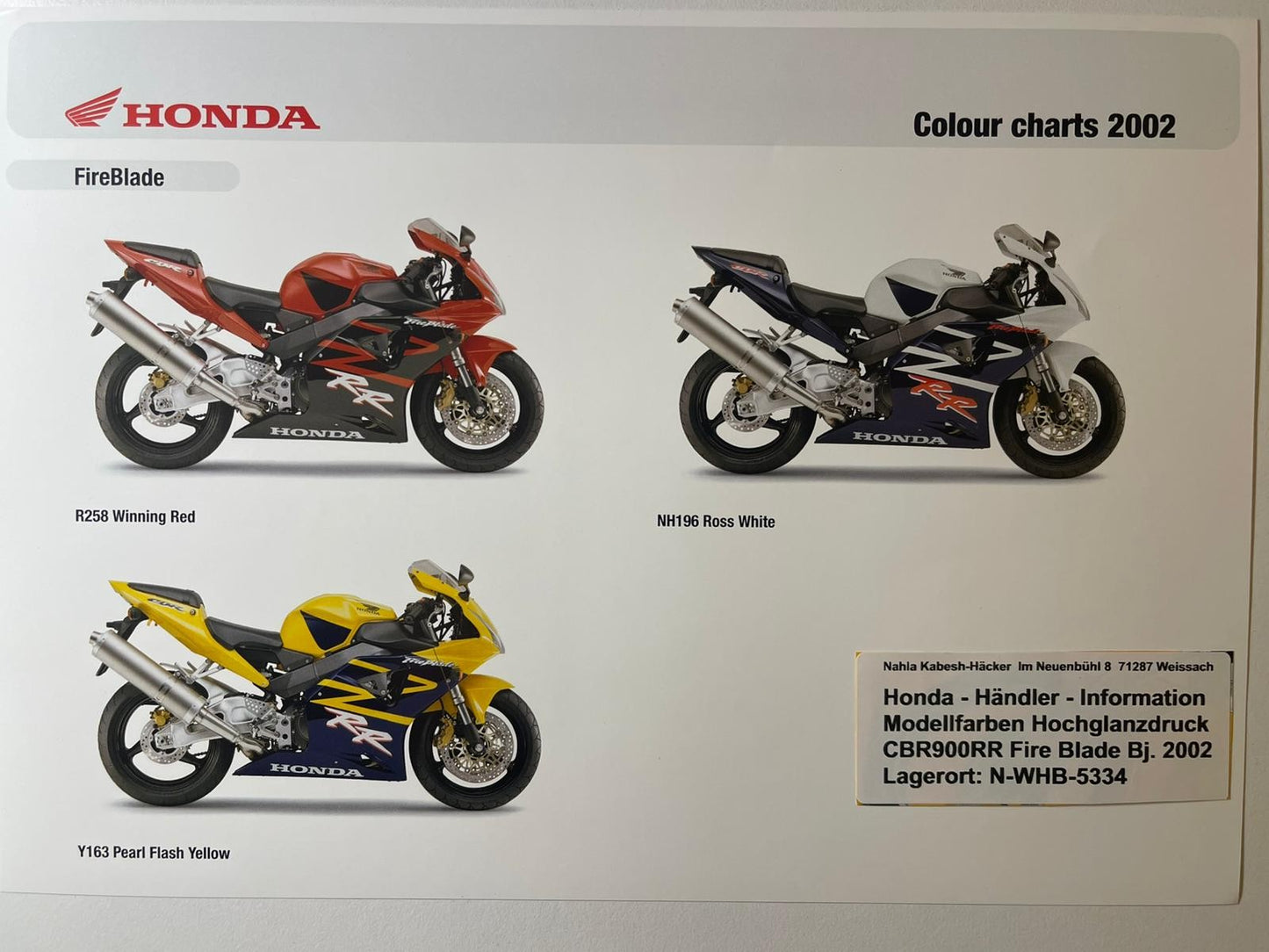 CBR900RR CBR 900 RR Fire Blade Bj. 2002 - Honda Original Farbchart Prospekt