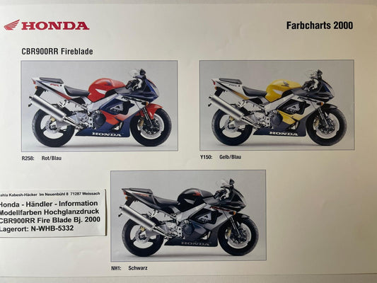 CBR900RR CBR 900 RR Fire Blade Bj. 2000 - Honda Original Farbchart Prospekt