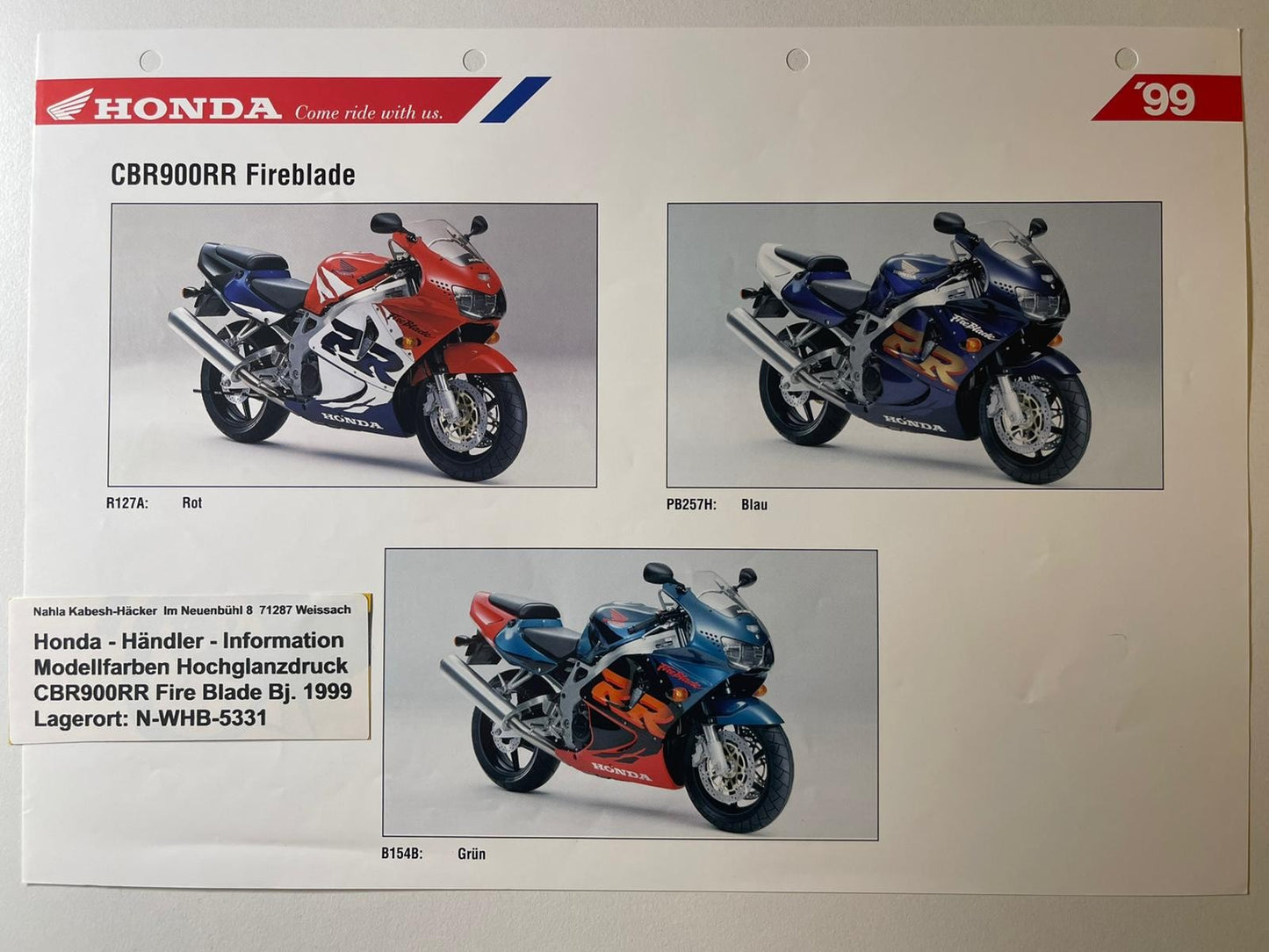 CBR900RR CBR 900 RR Fire Blade Bj. 1999 - Honda Original Farbchart Prospekt