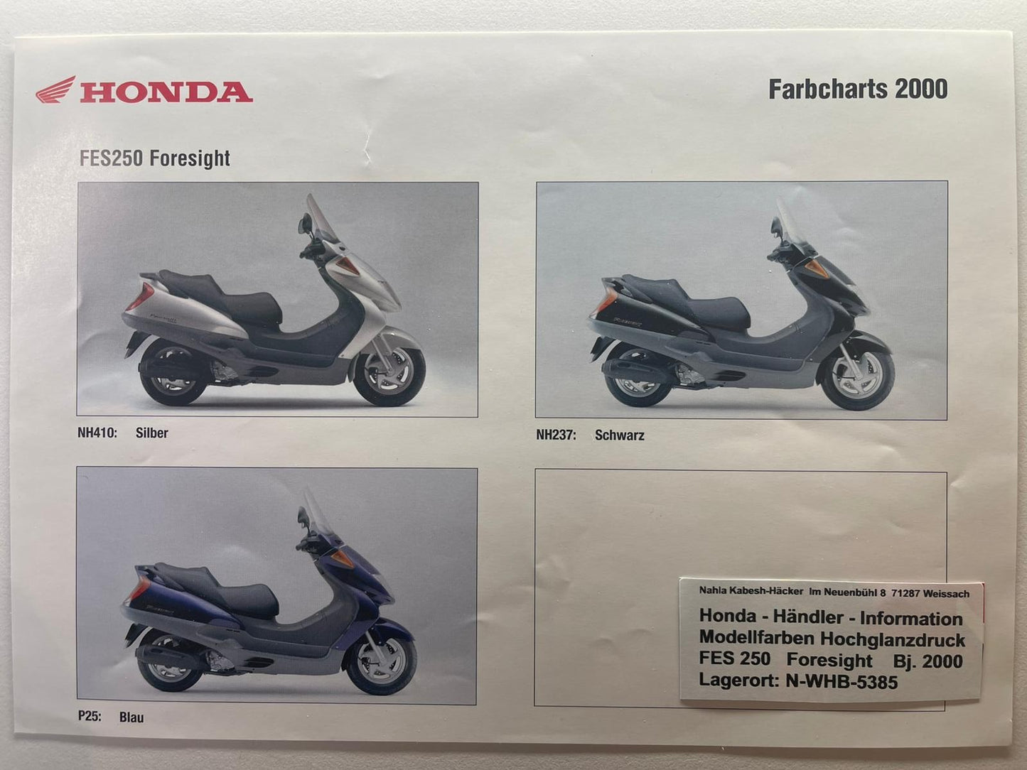 FES250 FES 250 Foresight Baujahr - Honda Original Farbchart Prospekt