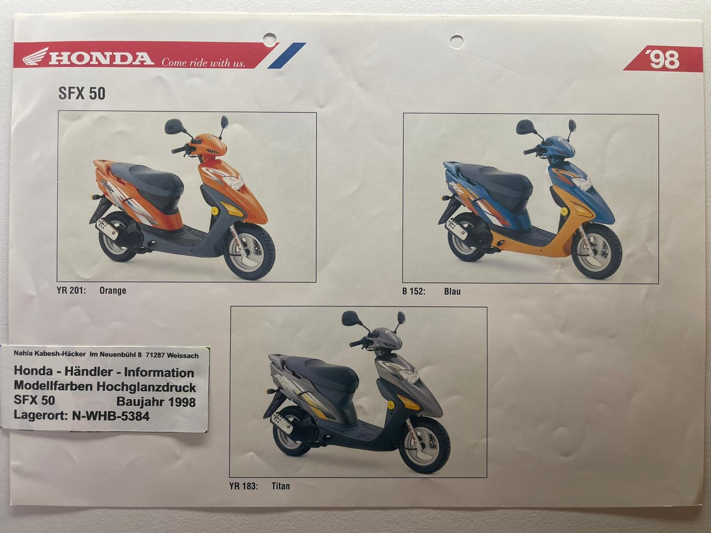 SFX50 SFX 50 Baujahr 1998 - Honda Original Farbchart Prospekt