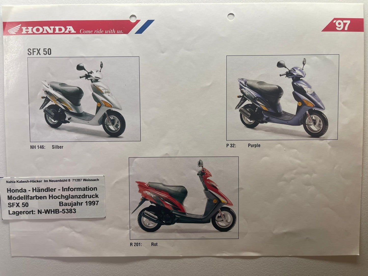 SFX50 SFX 50 Baujahr 1997 - Honda Original Farbchart Prospekt