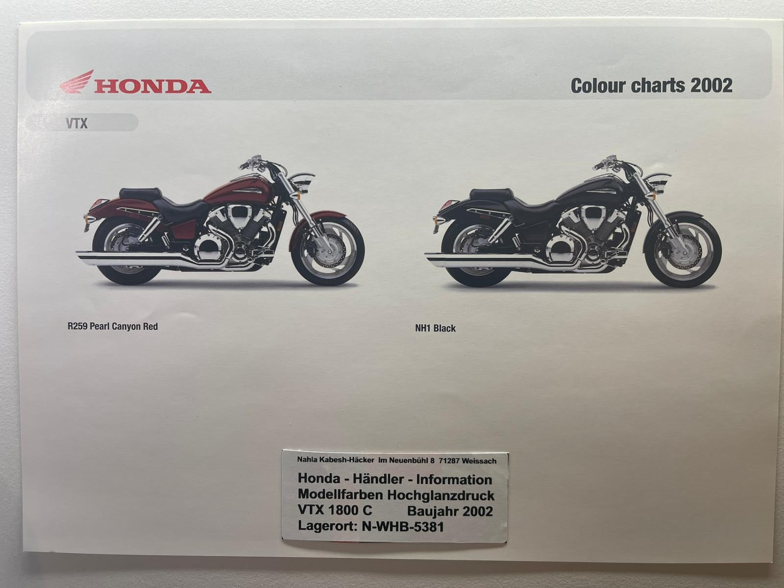 VTX1800C VTX 1800 C Baujahr 2021 - Honda Original Farbchart Prospekt