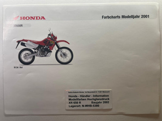 XR650R XR 650 R Baujahr 2001 - Honda Original Farbchart Prospekt