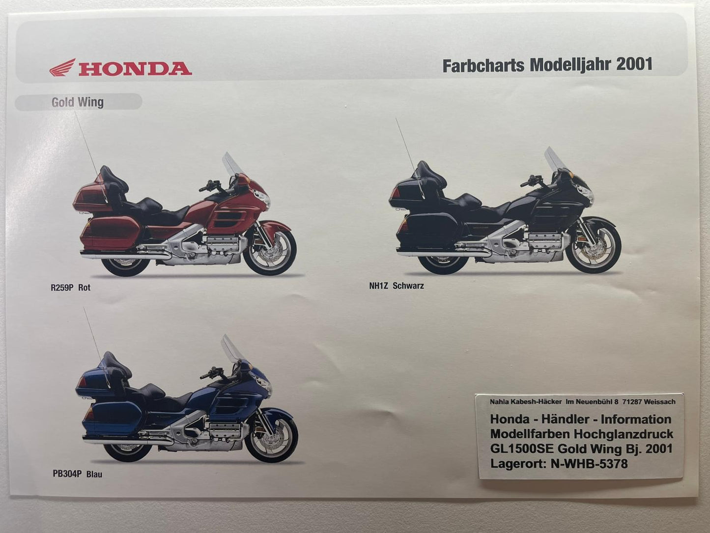 GL1800A GL 1800 A ABS Goldwing Bj. 2001 - Honda Original Farbchart Prospekt