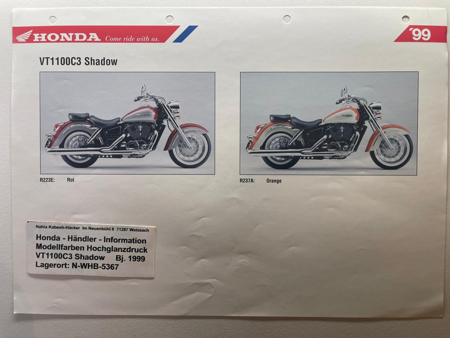 VT1100C3 VT 1100 C3 Shadow Bj. 1999 - Honda Original Farbchart Prospekt