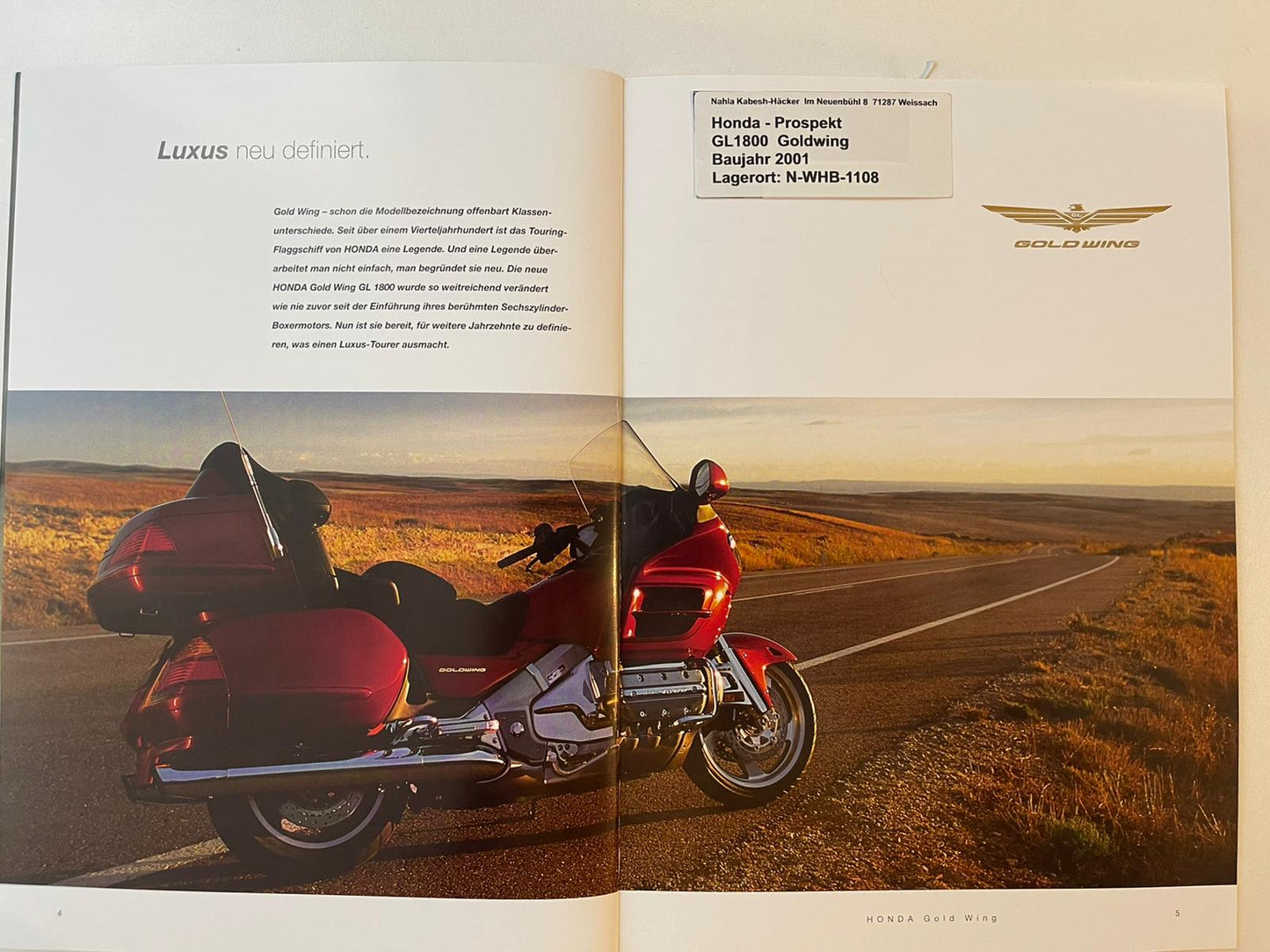 Prospekt Honda GL1800 GL 1800 Goldwing Bj. 2001 + Aufkleber