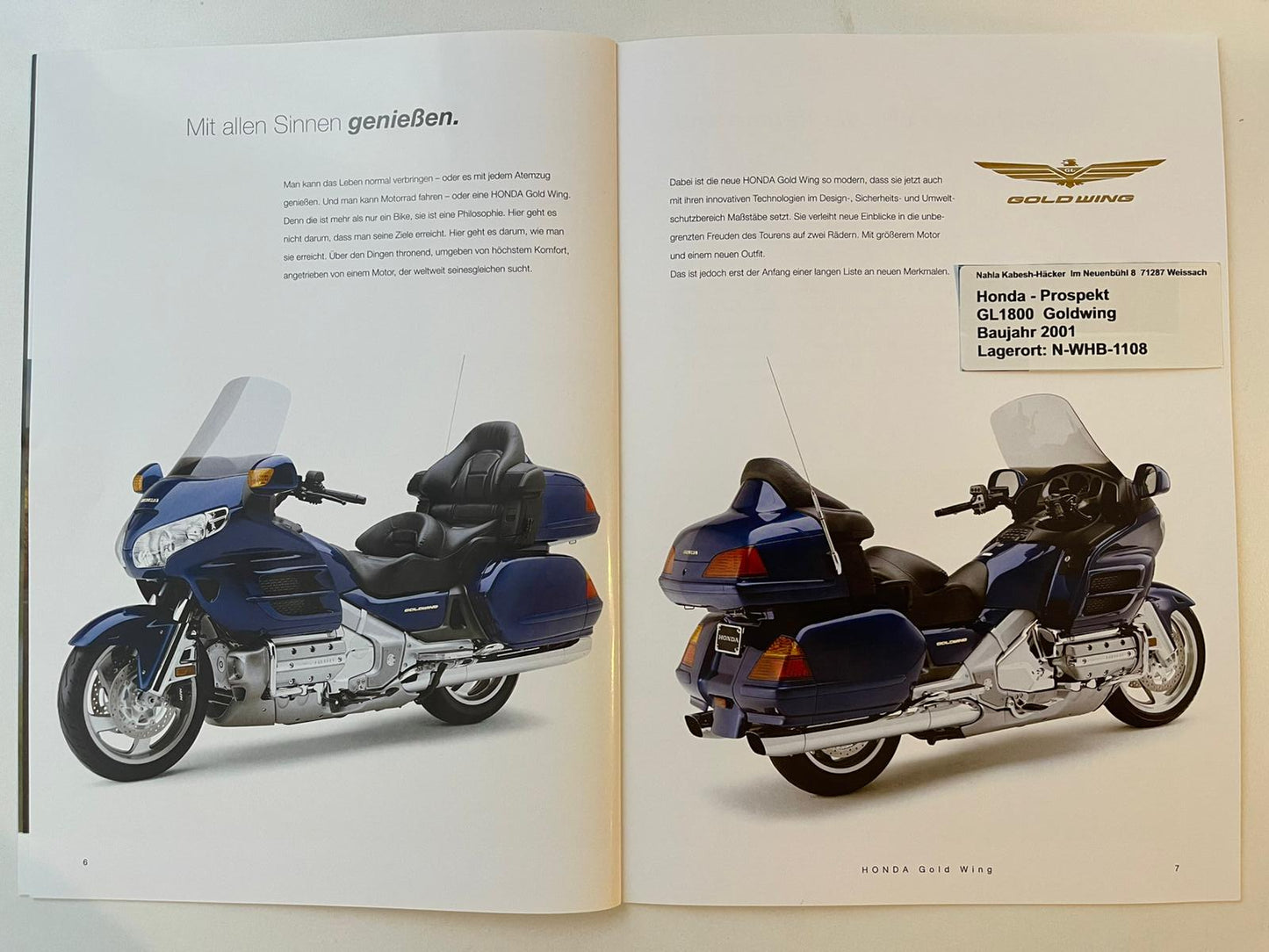 Prospekt Honda GL1800 GL 1800 Goldwing Bj. 2001 + Aufkleber