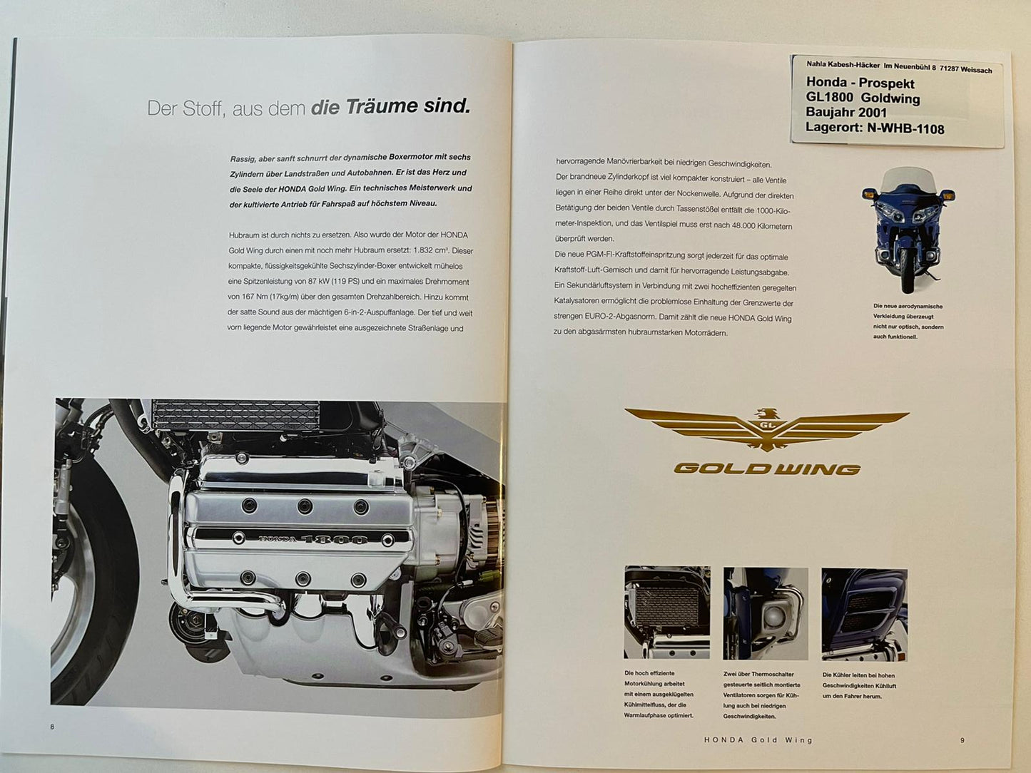 Prospekt Honda GL1800 GL 1800 Goldwing Bj. 2001 + Aufkleber